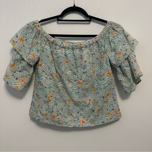 Laia Blue and Green Puff Sleeve Ruffled Blouse XS